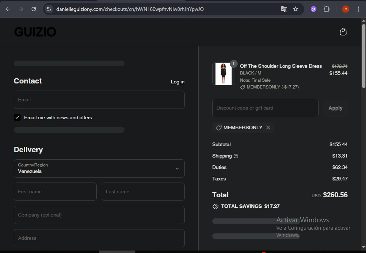 Danielle Guizio discount code screenshot showing code MEMBERSONLY applied at Danielle Guizio checkout page. Uploaded by SimplyCodes community member CashSage6731 on Jul 28, 2025