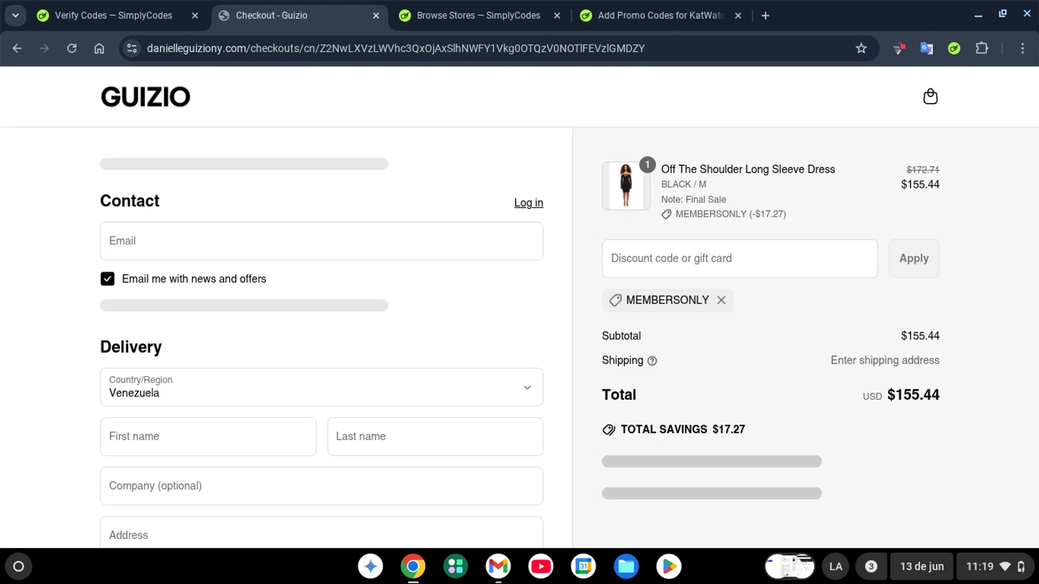 Danielle Guizio discount code screenshot showing code MEMBERSONLY applied at Danielle Guizio checkout page. Uploaded by SimplyCodes community member robertogonzalez on Jun 13, 2025