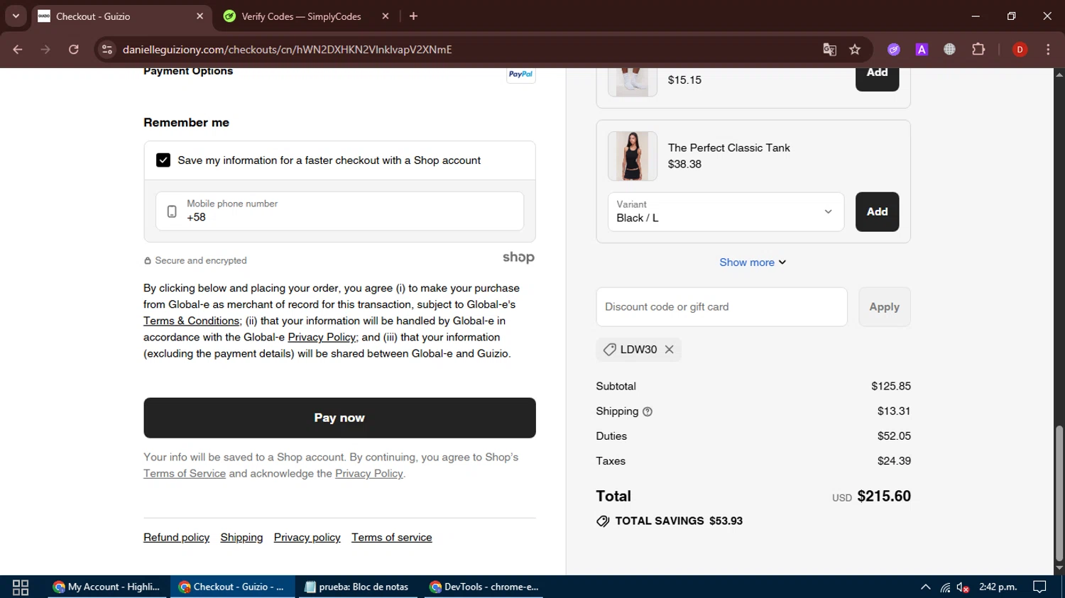 Danielle Guizio discount code screenshot showing code ldw30 applied at Danielle Guizio checkout page. Uploaded by SimplyCodes community member PeachPrincesa on Aug 25, 2025