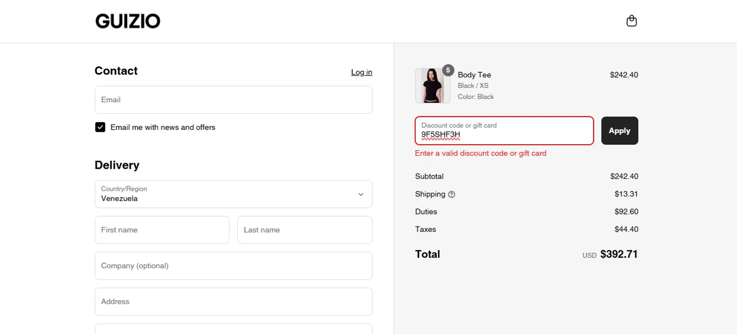 Danielle Guizio discount code screenshot showing code 9F5SHF3H applied at Danielle Guizio checkout page. Uploaded by SimplyCodes community member MariAPB on Jul 28, 2025