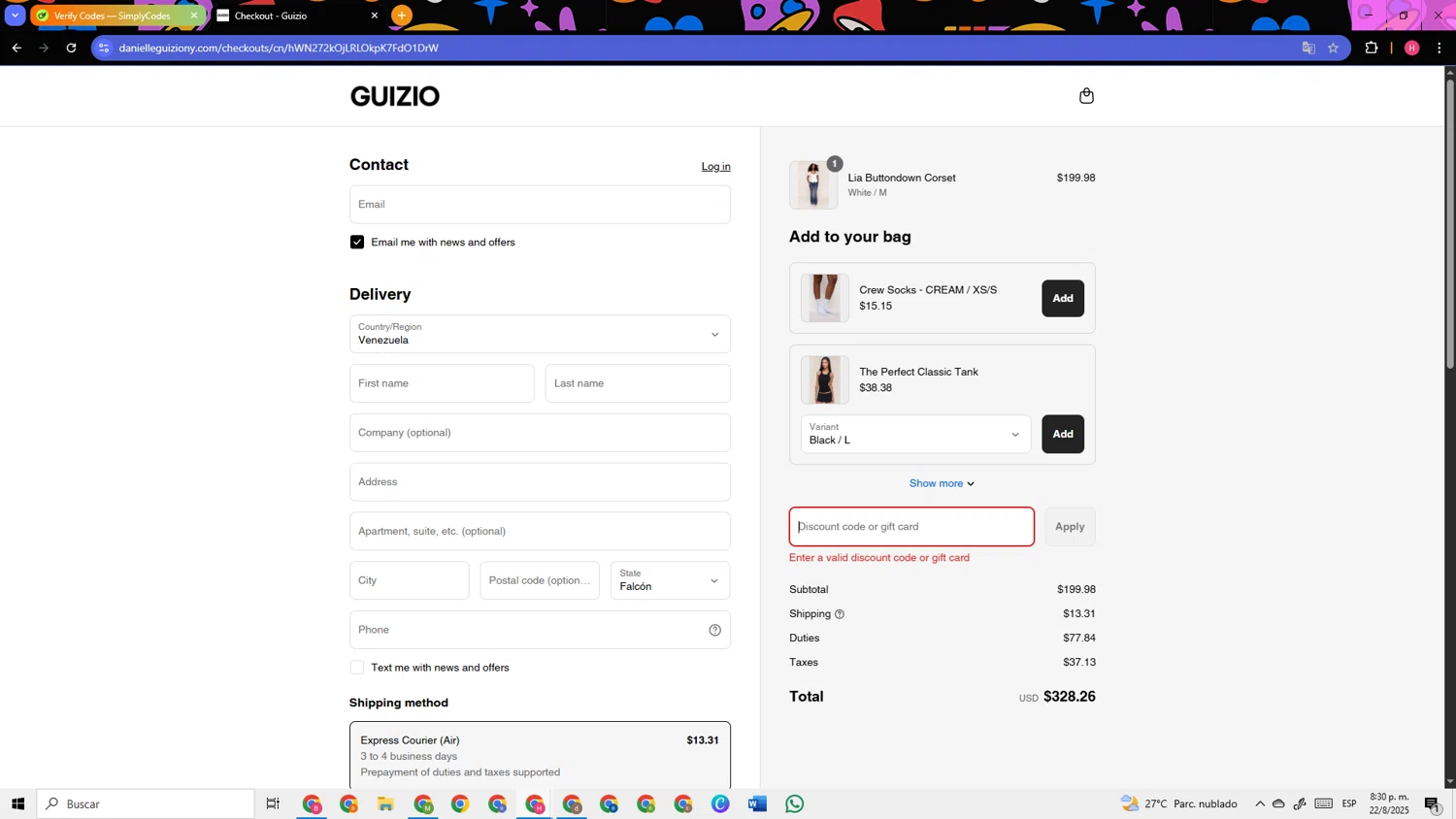 Danielle Guizio discount code screenshot showing code SKF4MZ54 applied at Danielle Guizio checkout page. Uploaded by SimplyCodes community member TokenSleuth5758 on Aug 23, 2025