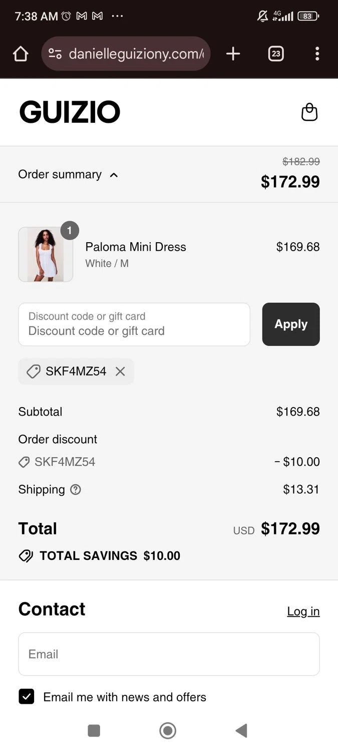 Danielle Guizio discount code screenshot showing code SKF4MZ54 applied at Danielle Guizio checkout page. Uploaded by SimplyCodes community member SaraiVillarroel on Jul 22, 2025