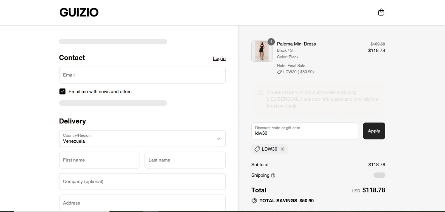 Danielle Guizio discount code screenshot showing code ldw30 applied at Danielle Guizio checkout page. Uploaded by SimplyCodes community member juanisaac on Aug 25, 2025