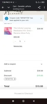INFINITY50 coupon verification screenshot