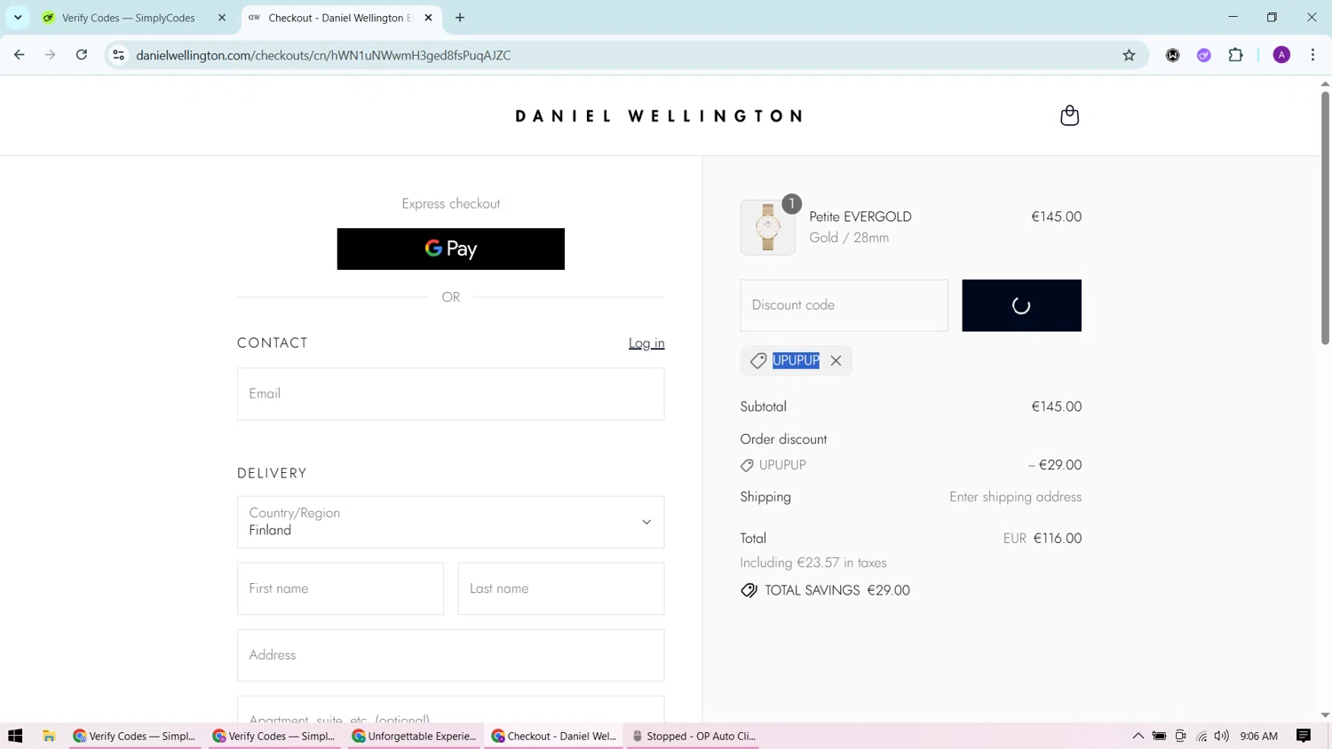 Daniel Wellington discount code screenshot showing code UPUPUP applied at Daniel Wellington checkout page. Uploaded by SimplyCodes community member CashChaser7272 on Aug 25, 2025
