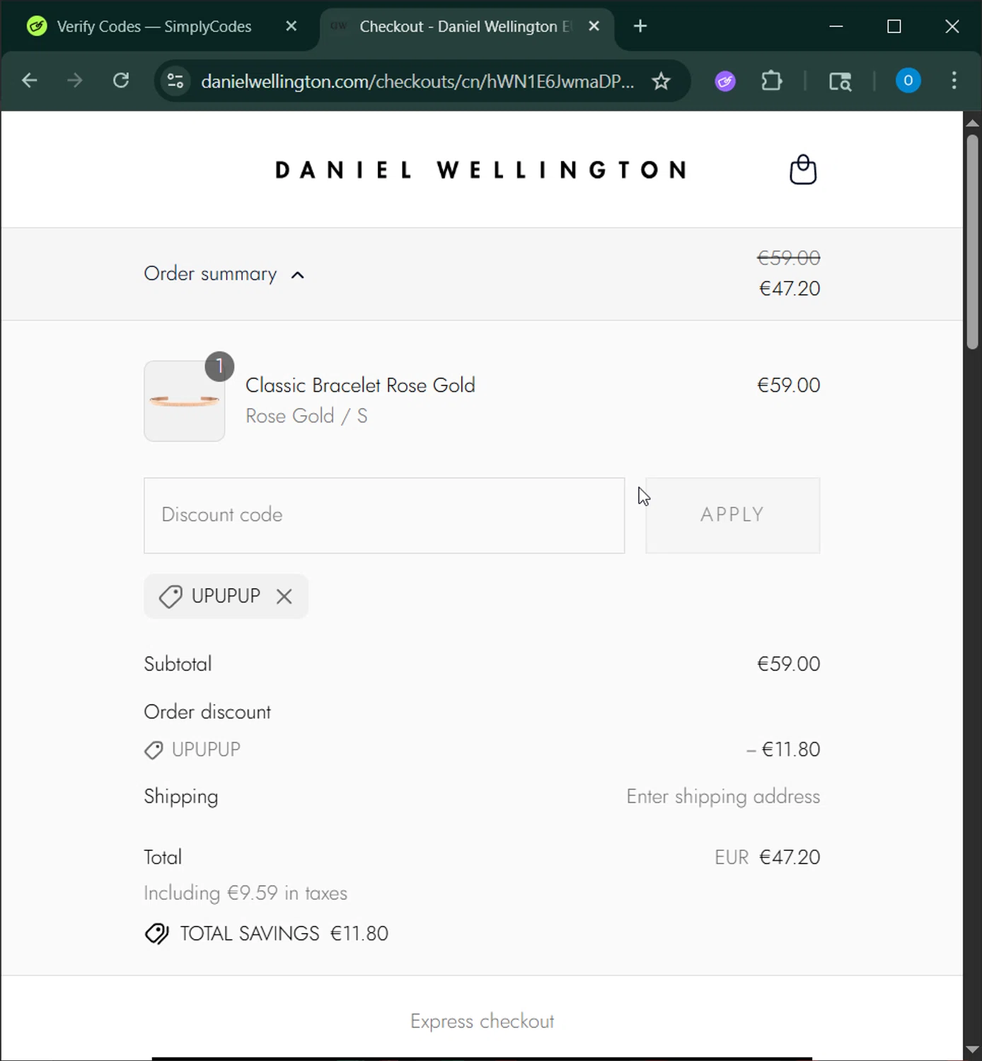 Daniel Wellington discount code screenshot showing code UPUPUP applied at Daniel Wellington checkout page. Uploaded by SimplyCodes community member GoldAdmiral5202 on Aug 5, 2025