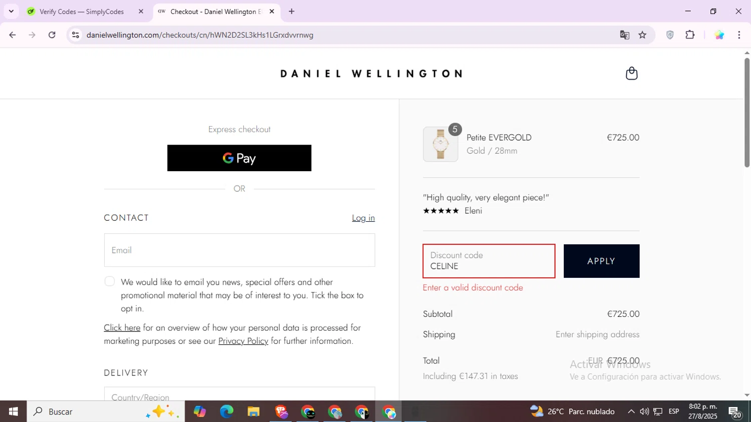 Daniel Wellington discount code screenshot showing code CELINE applied at Daniel Wellington checkout page. Uploaded by SimplyCodes community member Estrellitacoairis on Aug 28, 2025
