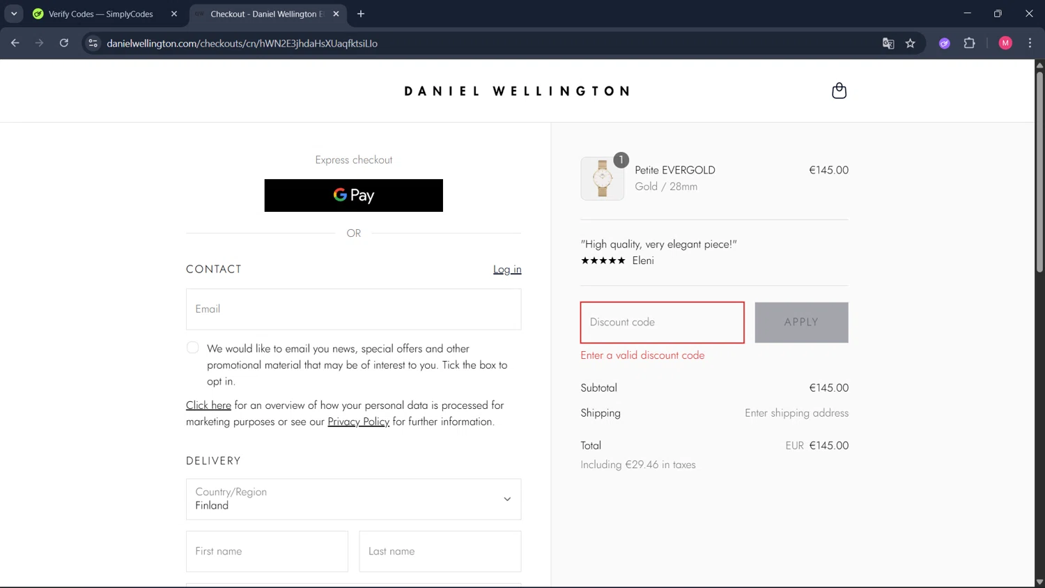 Daniel Wellington discount code screenshot showing code CELINE applied at Daniel Wellington checkout page. Uploaded by SimplyCodes community member ValueCollector4159 on Aug 28, 2025