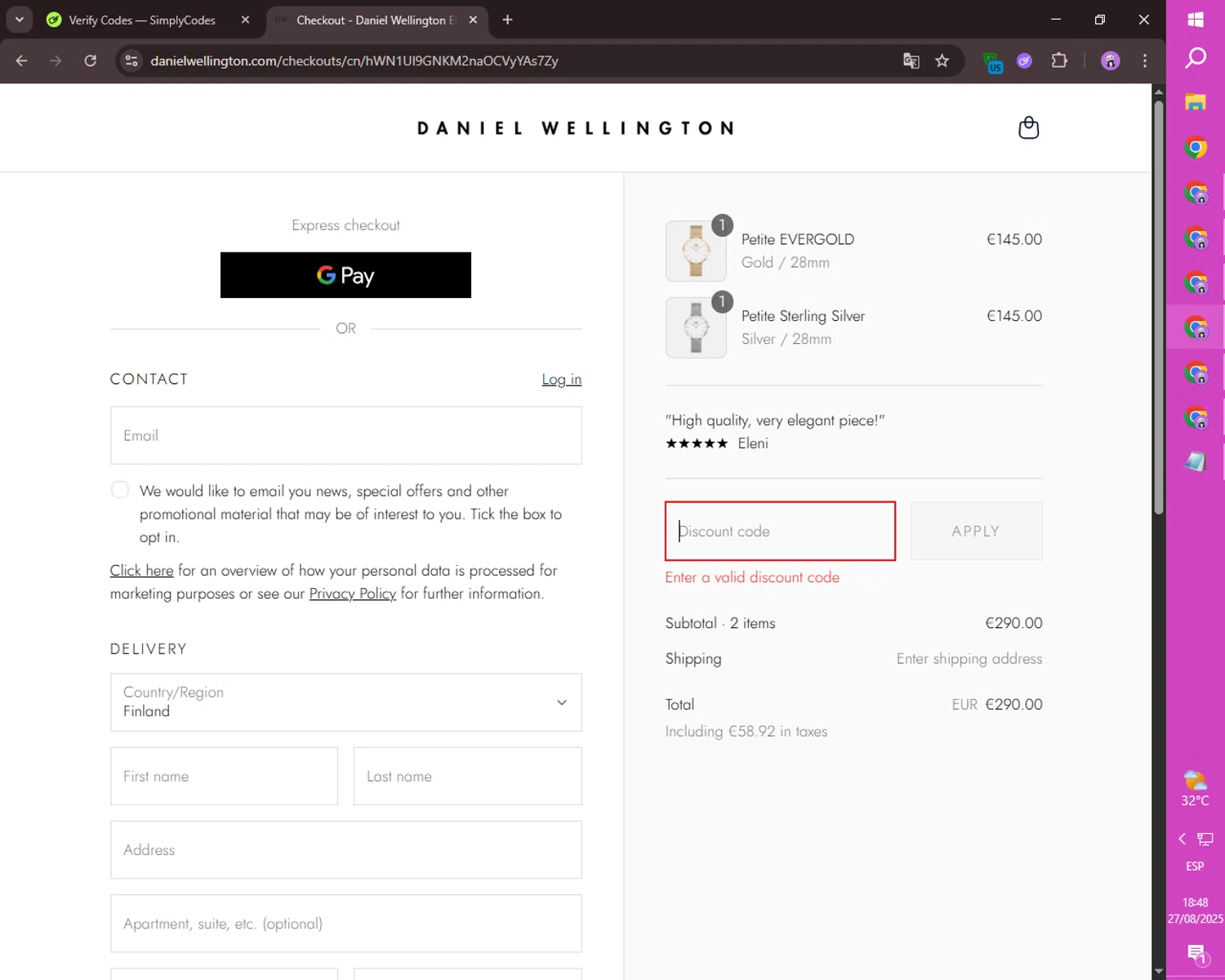 Daniel Wellington discount code screenshot showing code CELINE applied at Daniel Wellington checkout page. Uploaded by SimplyCodes community member ositouno on Aug 27, 2025