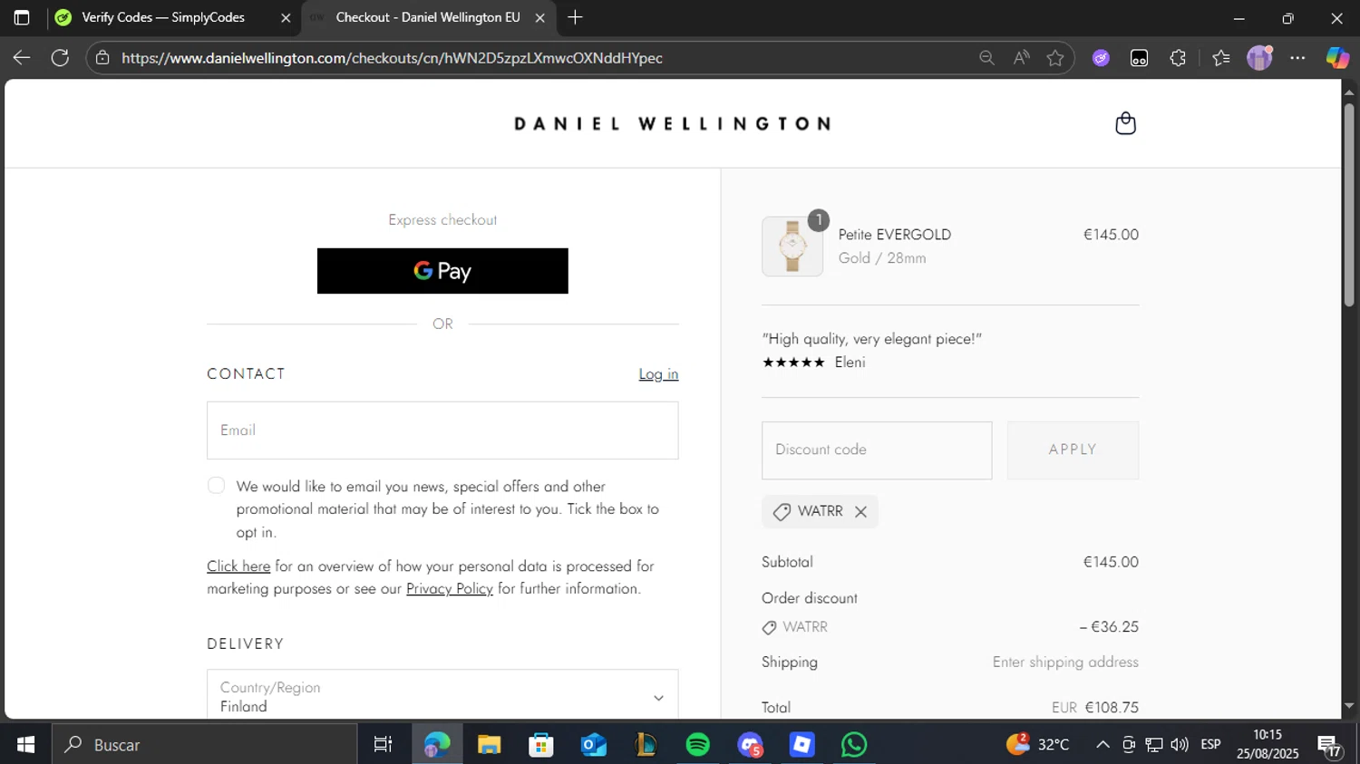 Daniel Wellington discount code screenshot showing code WATRR applied at Daniel Wellington checkout page. Uploaded by SimplyCodes community member THEBANANA on Aug 25, 2025