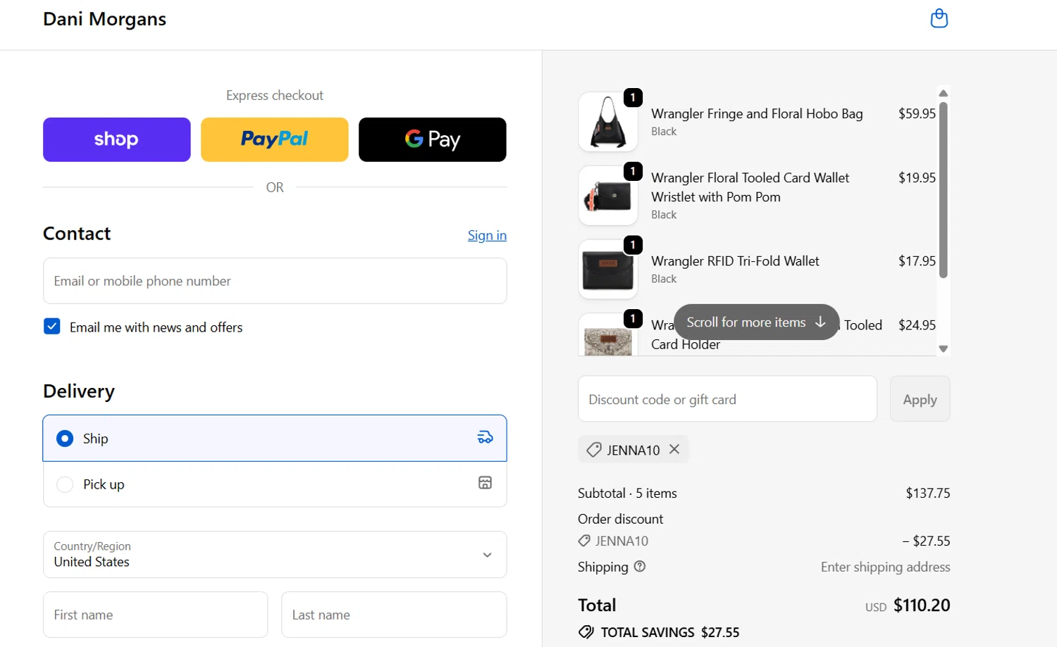 Dani Morgans Boutique promo code screenshot showing code JENNA10 applied at Dani Morgans Boutique checkout page. Uploaded by SimplyCodes community member Alichi04 on Oct 30, 2025