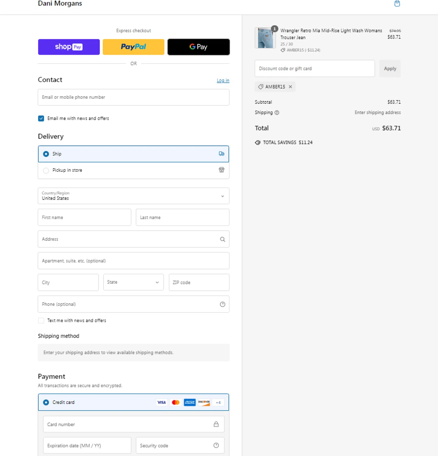 Dani Morgans Boutique promo code screenshot showing code AMBER15 applied at Dani Morgans Boutique checkout page. Uploaded by SimplyCodes community member Yonaikeryriarte08 on Jan 28, 2025