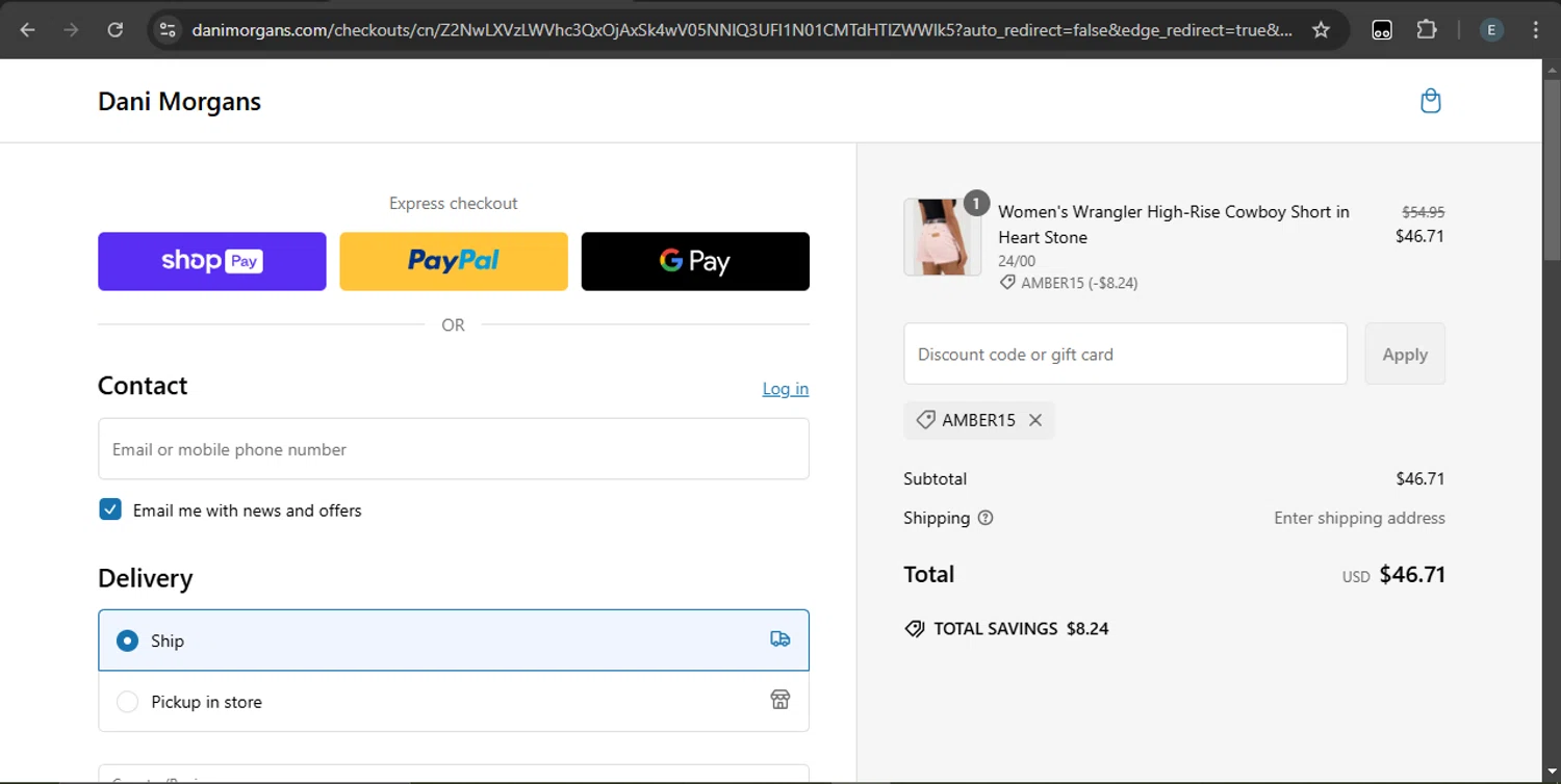 Dani Morgans Boutique promo code screenshot showing code AMBER15 applied at Dani Morgans Boutique checkout page. Uploaded by SimplyCodes community member SilverKnight4465 on Feb 26, 2025