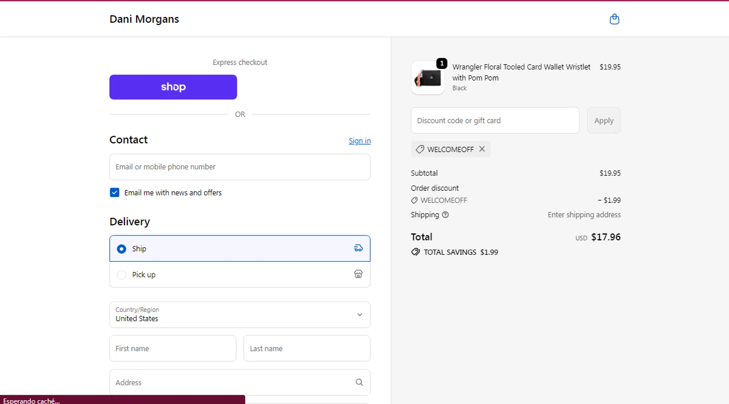 Dani Morgans Boutique promo code screenshot showing code WELCOMEOFF applied at Dani Morgans Boutique checkout page. Uploaded by SimplyCodes community member EpicPilot2189 on Oct 17, 2025