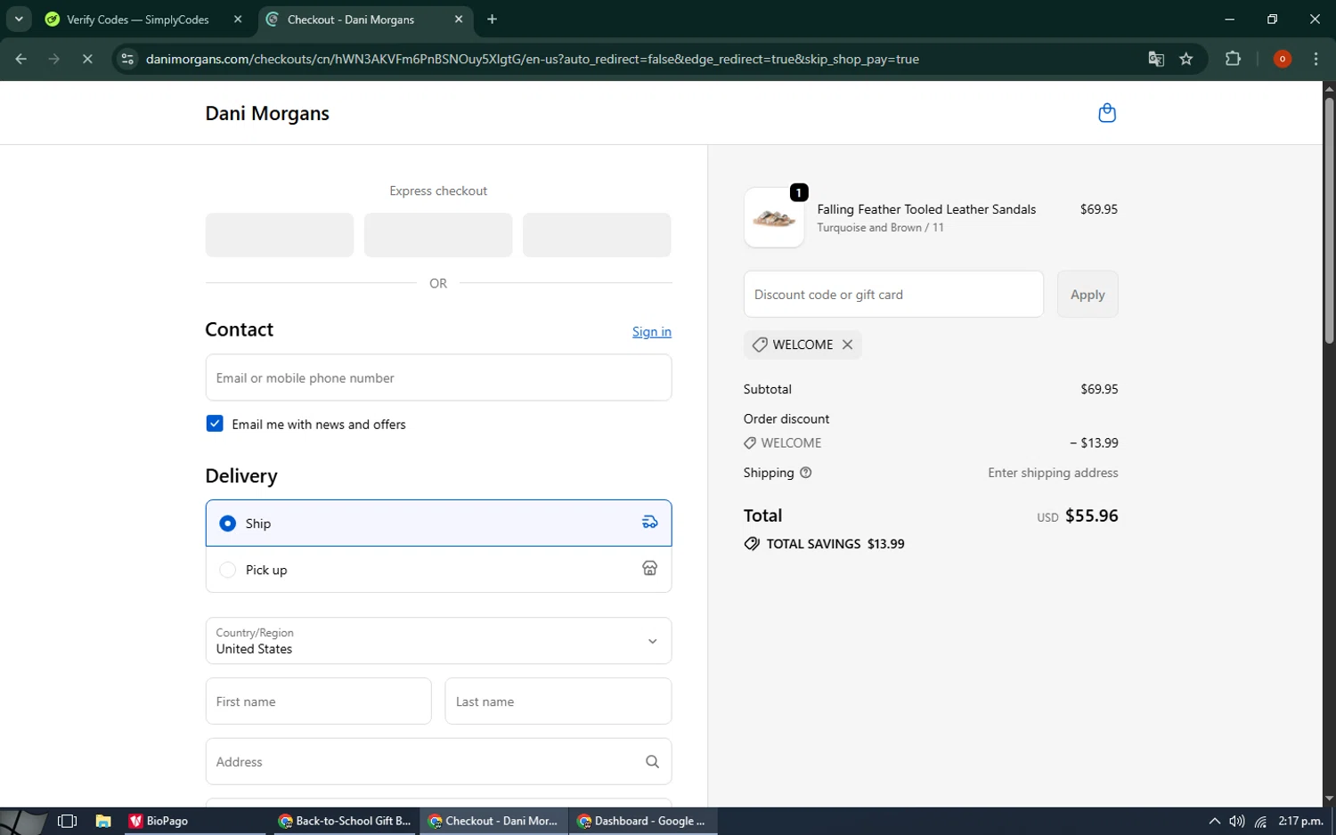 Dani Morgans Boutique promo code screenshot showing code welcome applied at Dani Morgans Boutique checkout page. Uploaded by SimplyCodes community member CashAdmiral6490 on Sep 19, 2025