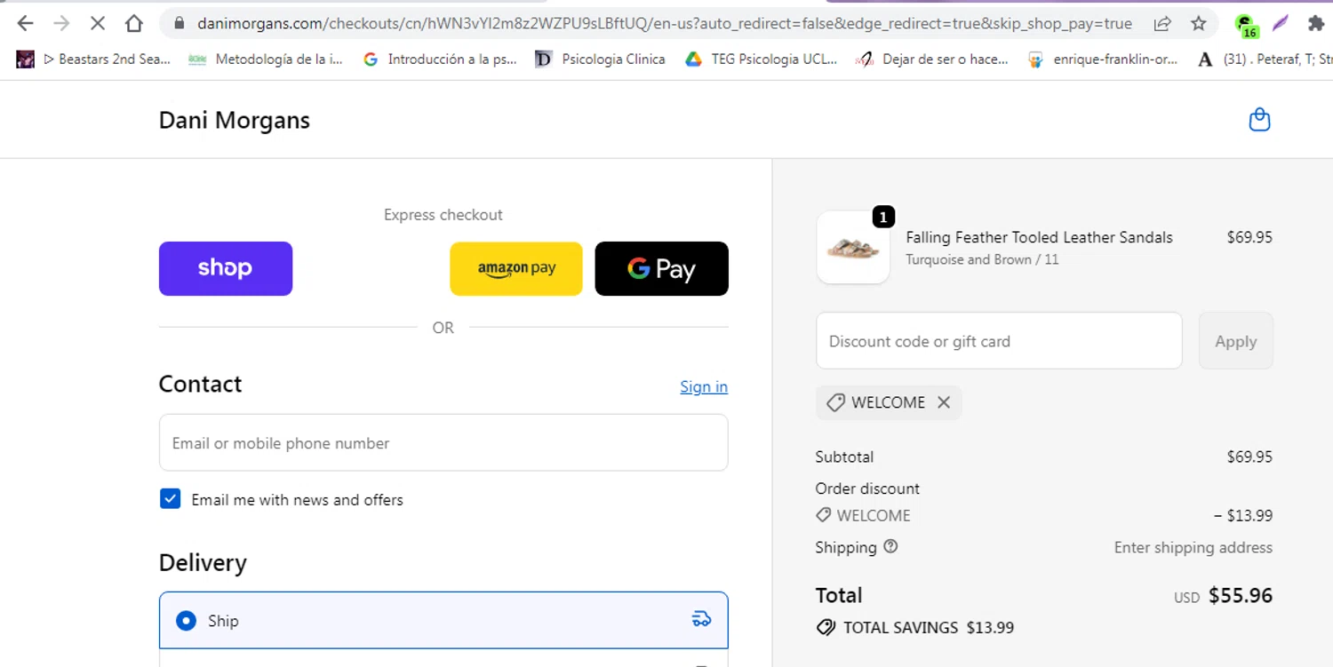 Dani Morgans Boutique promo code screenshot showing code welcome applied at Dani Morgans Boutique checkout page. Uploaded by SimplyCodes community member leidycamacaro on Oct 9, 2025