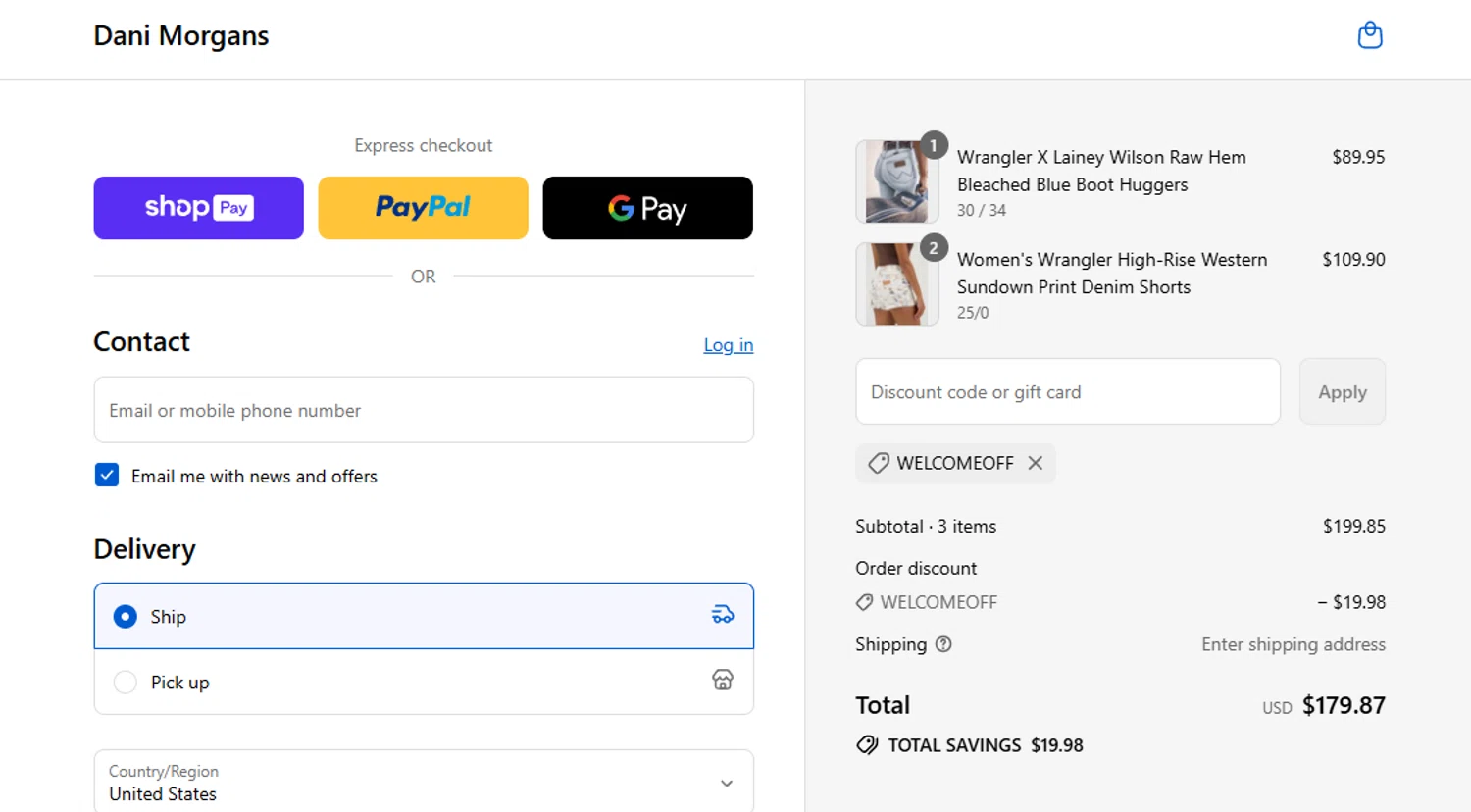 Dani Morgans Boutique promo code screenshot showing code WELCOMEOFF applied at Dani Morgans Boutique checkout page. Uploaded by SimplyCodes community member Jesusreyes27 on Aug 28, 2025