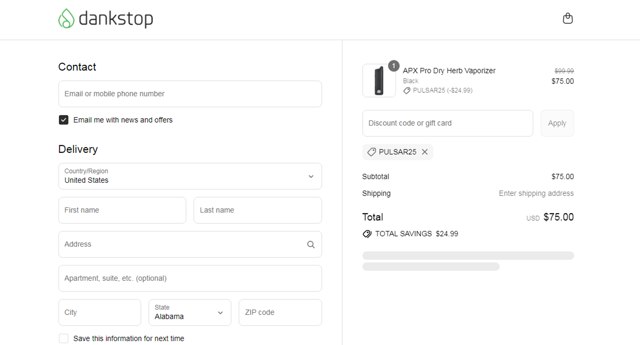 DankStop checkout page showing DankStop promo code box | Screenshot taken by SimplyCodes community member on Aug 30, 2025