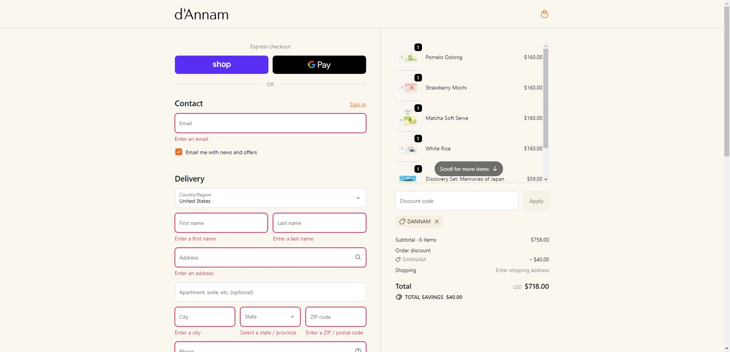 d'Annam discount code screenshot showing code DANNAM applied at d'Annam checkout page. Uploaded by SimplyCodes community member CodeGuardian5312 on Nov 18, 2025