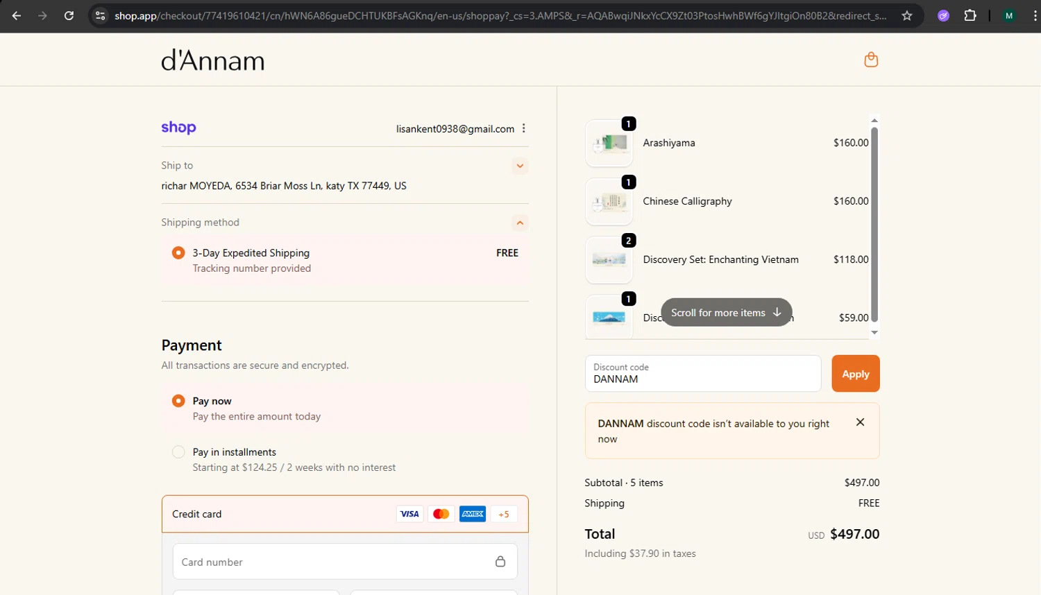 d'Annam discount code screenshot showing code DANNAM applied at d'Annam checkout page. Uploaded by SimplyCodes community member ISEA007 on Dec 7, 2025