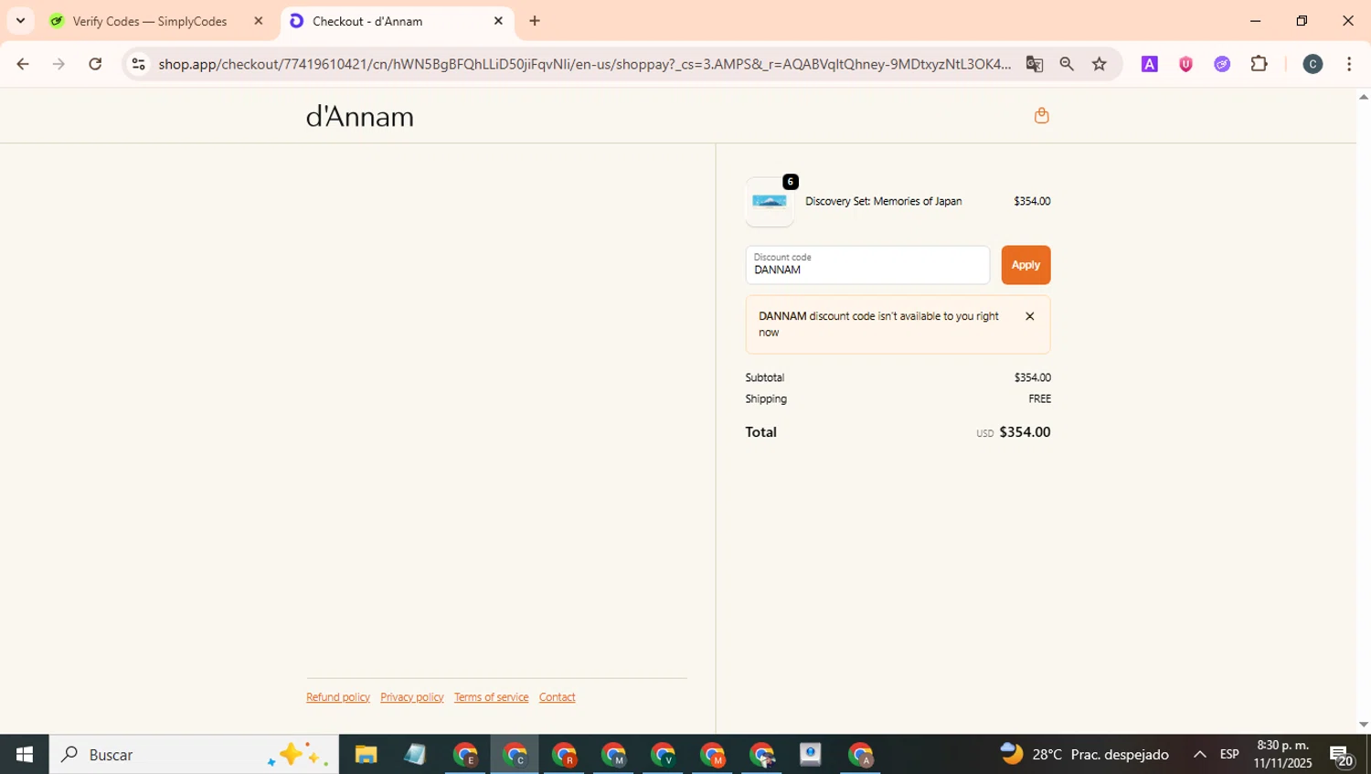d'Annam discount code screenshot showing code DANNAM applied at d'Annam checkout page. Uploaded by SimplyCodes community member benjamnlev on Nov 12, 2025