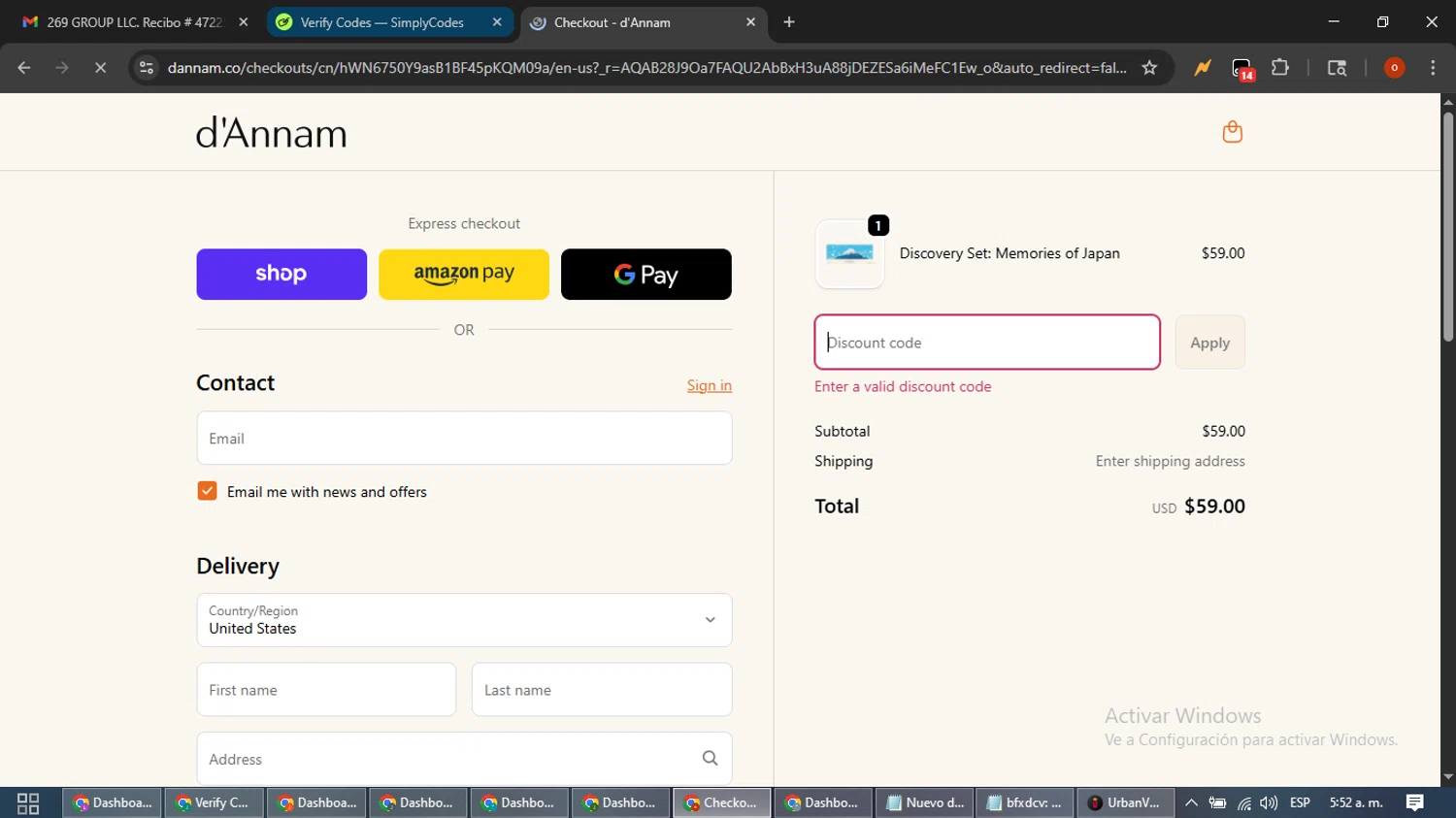 d'Annam discount code screenshot showing code FREESHIP applied at d'Annam checkout page. Uploaded by SimplyCodes community member WiseTracker2171 on Dec 6, 2025