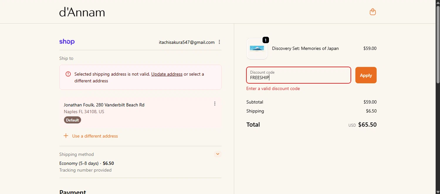d'Annam discount code screenshot showing code FREESHIP applied at d'Annam checkout page. Uploaded by SimplyCodes community member noworries on Feb 9, 2026