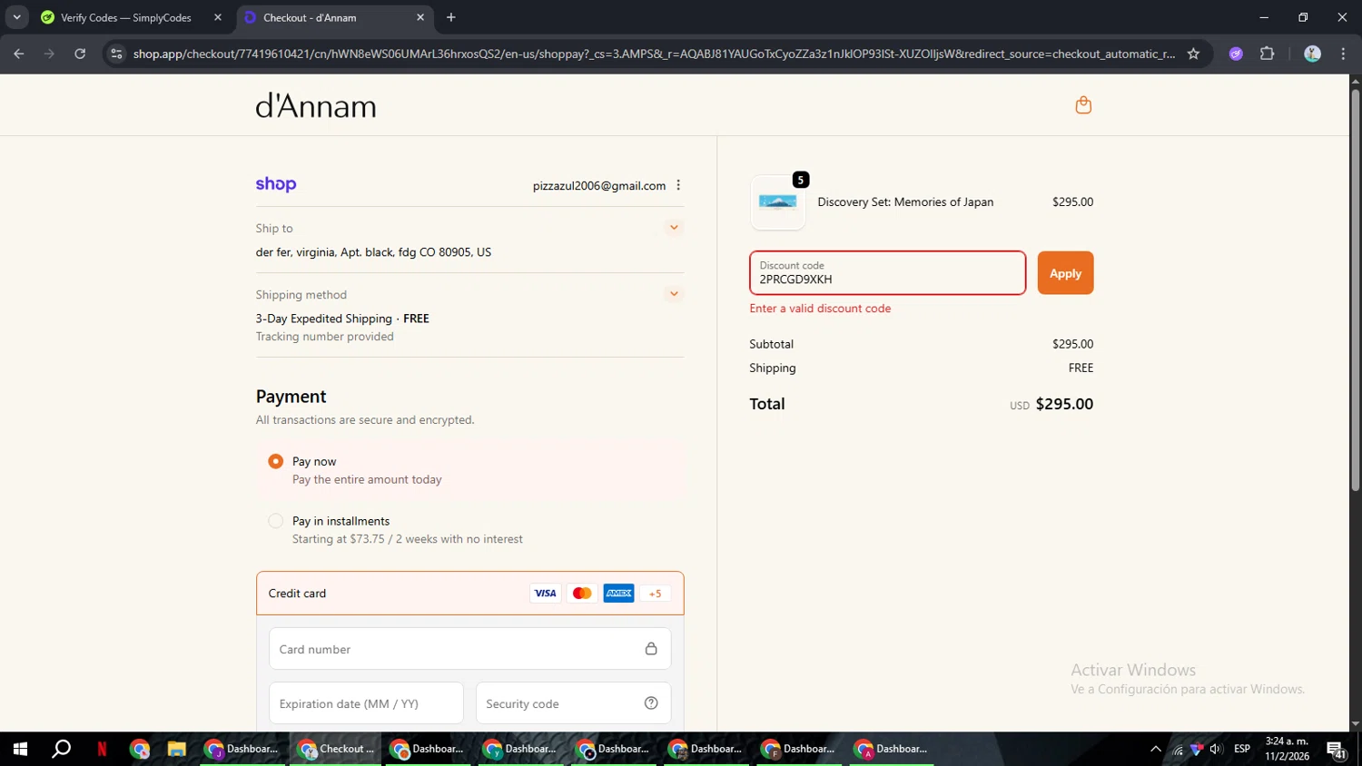 d'Annam discount code screenshot showing code 2PRCGD9XKH applied at d'Annam checkout page. Uploaded by SimplyCodes community member ShrewdSeeker6165 on Feb 11, 2026