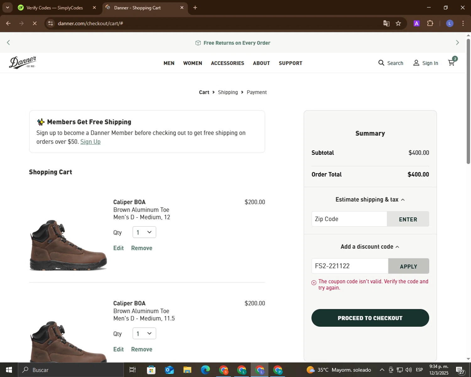 Danner discount code screenshot showing code FS2-221122 applied at Danner checkout page. Uploaded by SimplyCodes community member LuckyEagle5535 on Mar 13, 2025