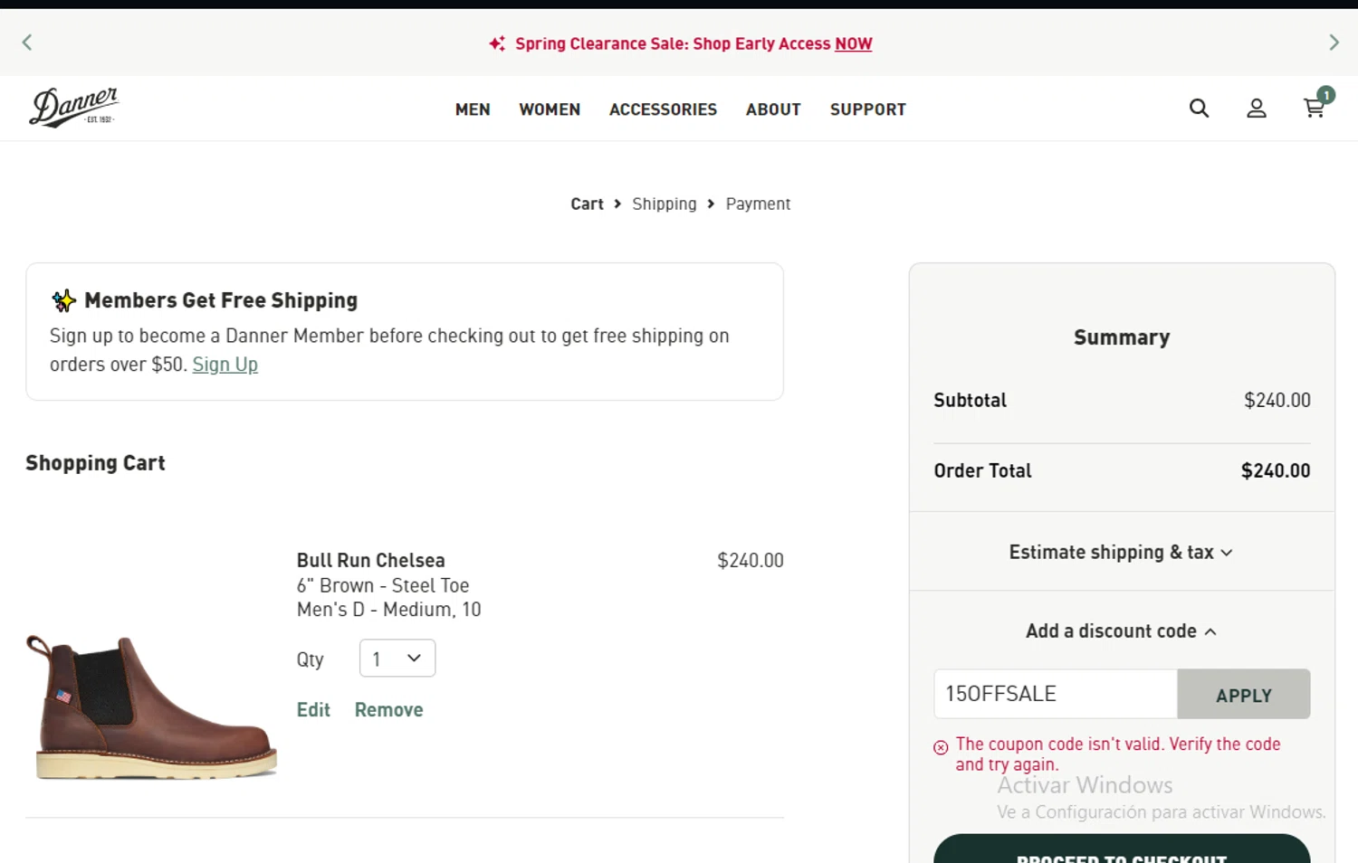 Danner discount code screenshot showing code 15OFFSALE applied at Danner checkout page. Uploaded by SimplyCodes community member Lestara_23 on Mar 4, 2025