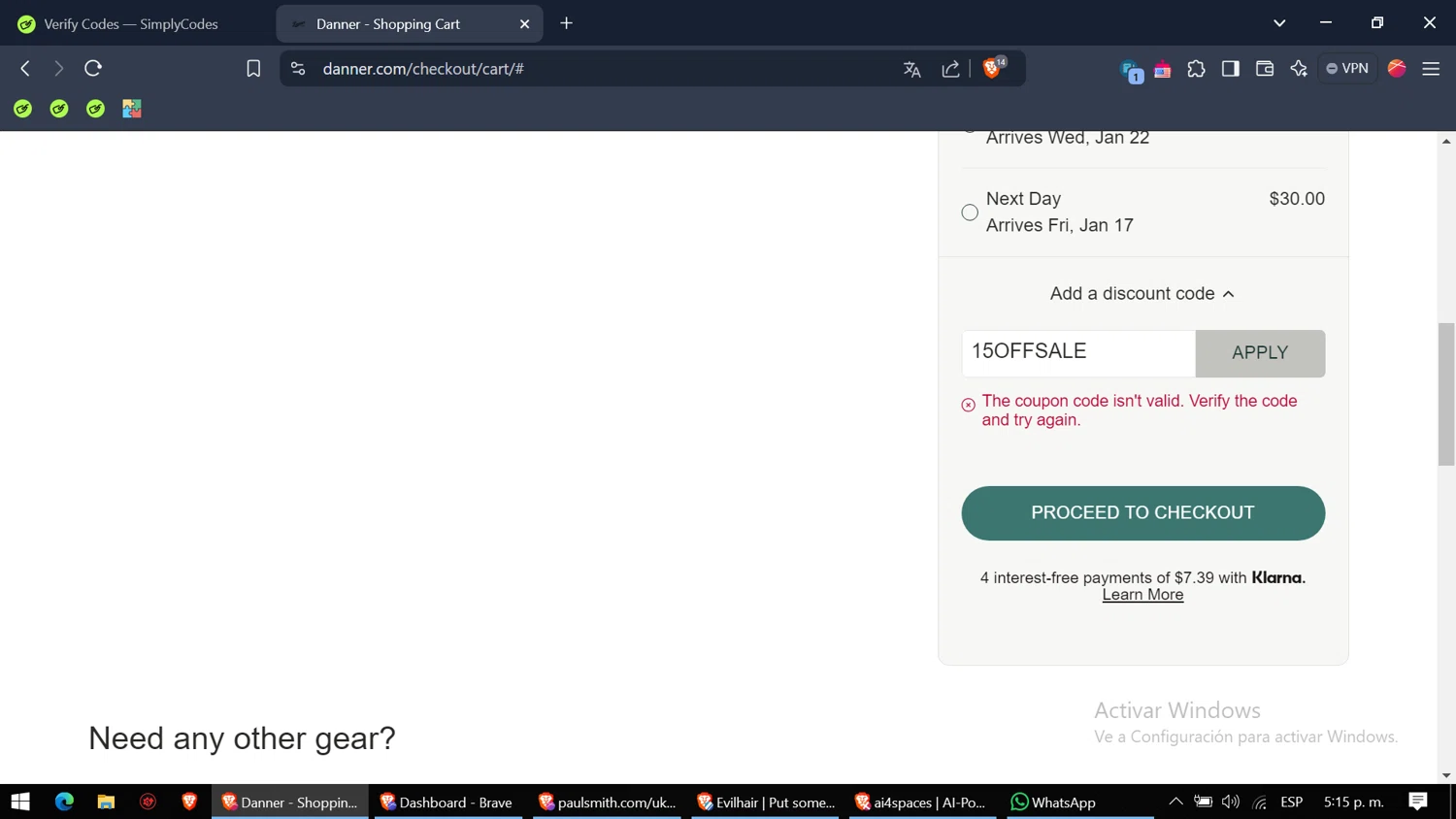 Danner discount code screenshot showing code 15OFFSALE applied at Danner checkout page. Uploaded by SimplyCodes community member WiseMaven8415 on Jan 15, 2025