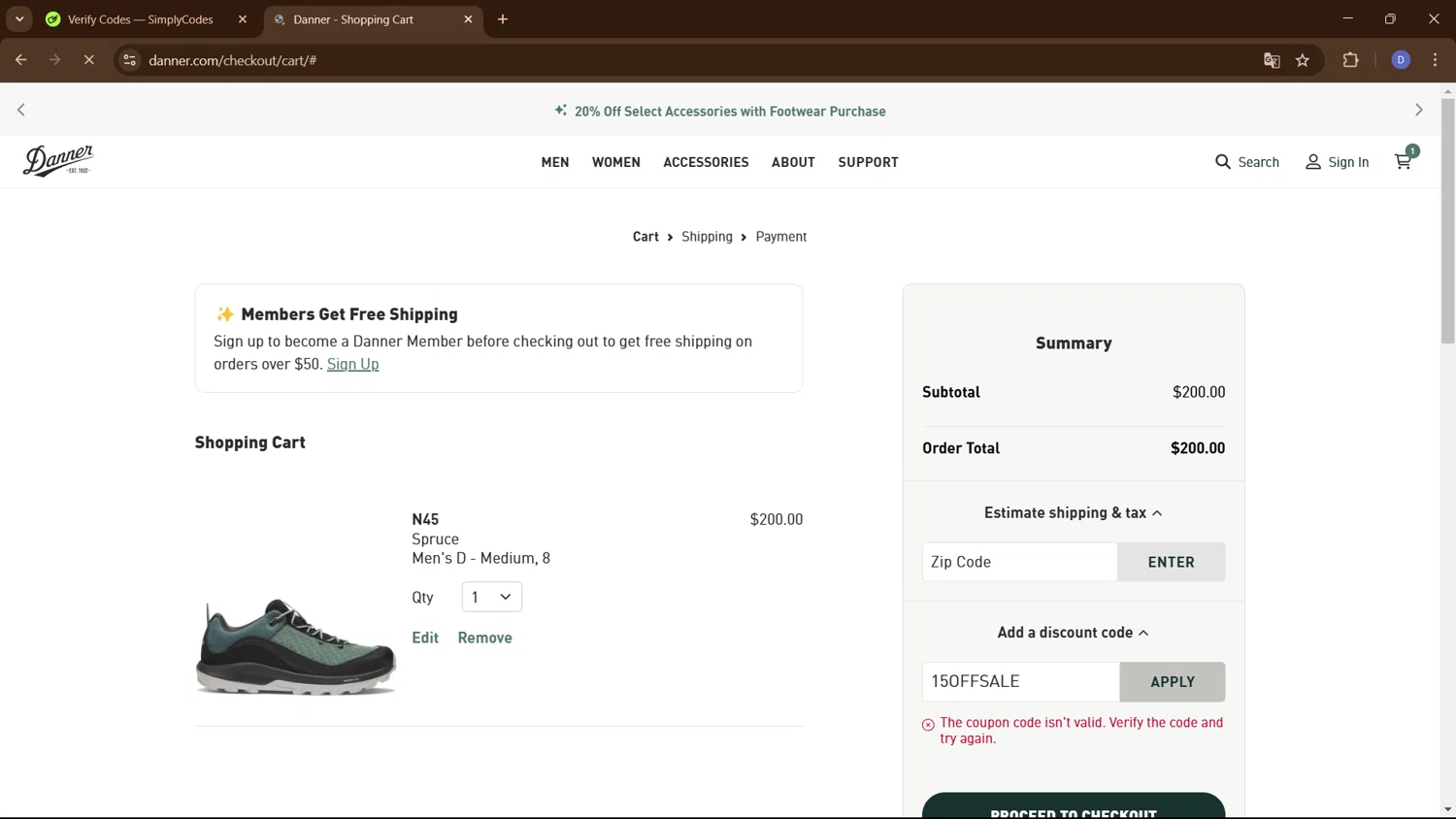 Danner discount code screenshot showing code 15OFFSALE applied at Danner checkout page. Uploaded by SimplyCodes community member PennyCurator6489 on Mar 13, 2025