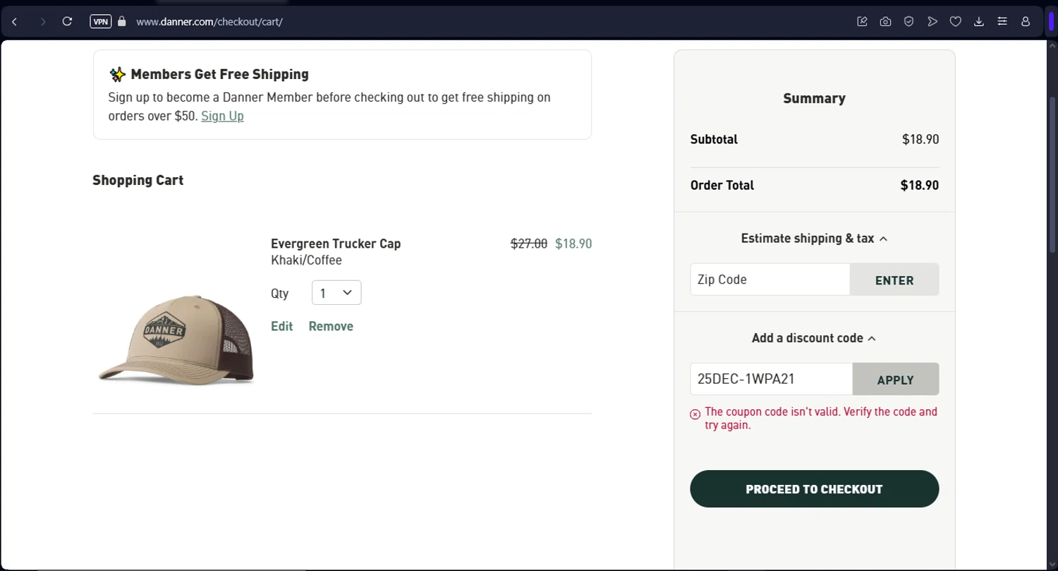 Danner discount code screenshot showing code 25DEC-1WPA21 applied at Danner checkout page. Uploaded by SimplyCodes community member FrugalFox6593 on Mar 13, 2025