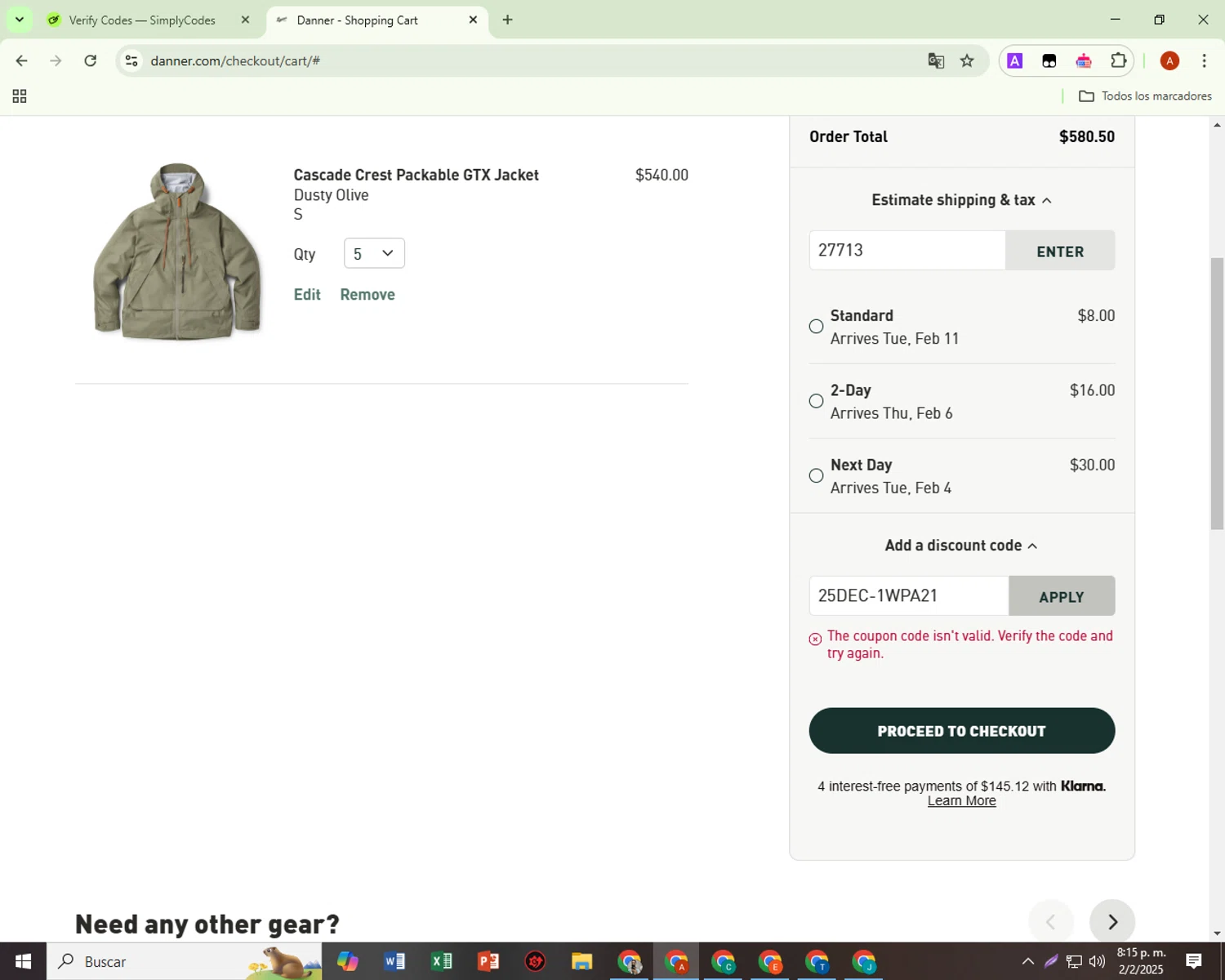 Danner discount code screenshot showing code 25DEC-1WPA21 applied at Danner checkout page. Uploaded by SimplyCodes community member BonusShopper323 on Feb 3, 2025