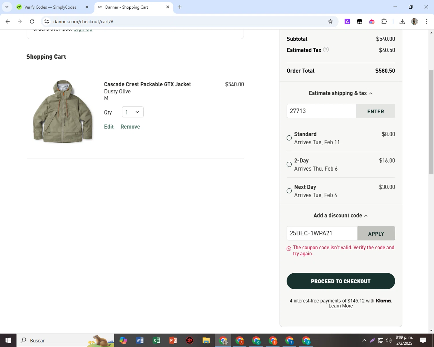 Danner discount code screenshot showing code 25DEC-1WPA21 applied at Danner checkout page. Uploaded by SimplyCodes community member SwiftScout6682 on Feb 3, 2025
