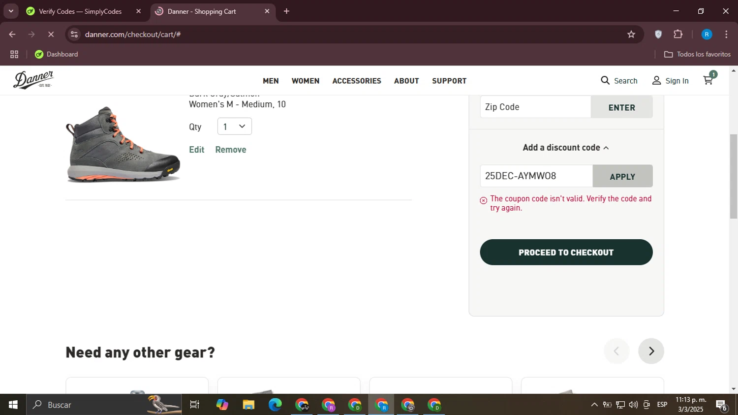 Danner discount code screenshot showing code 25DEC-AYMWO8 applied at Danner checkout page. Uploaded by SimplyCodes community member Aemontar on Mar 4, 2025