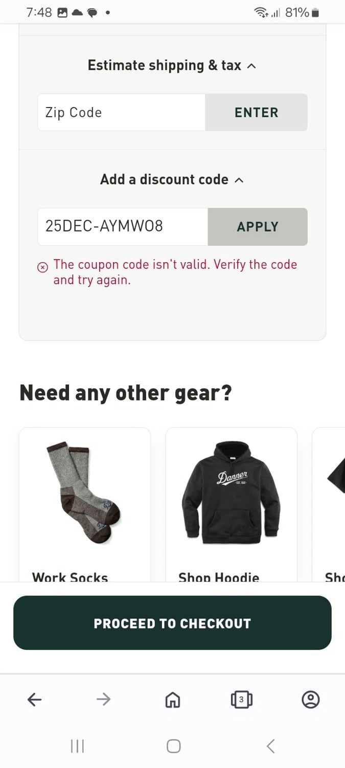 Danner discount code screenshot showing code 25DEC-AYMWO8 applied at Danner checkout page. Uploaded by SimplyCodes community member MoneyMaven5115 on Feb 3, 2025
