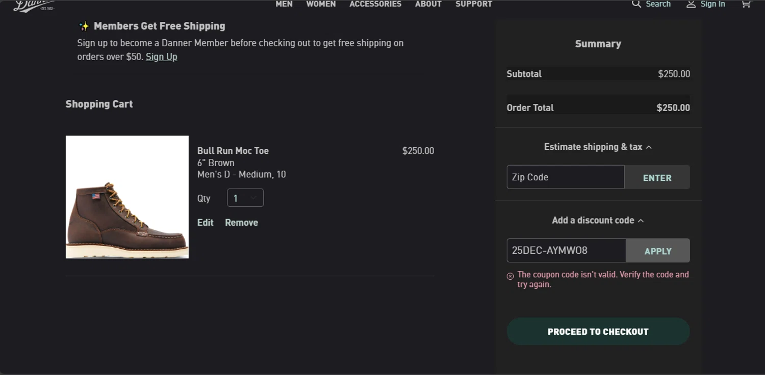 Danner discount code screenshot showing code 25DEC-AYMWO8 applied at Danner checkout page. Uploaded by SimplyCodes community member carloschirino on Mar 13, 2025