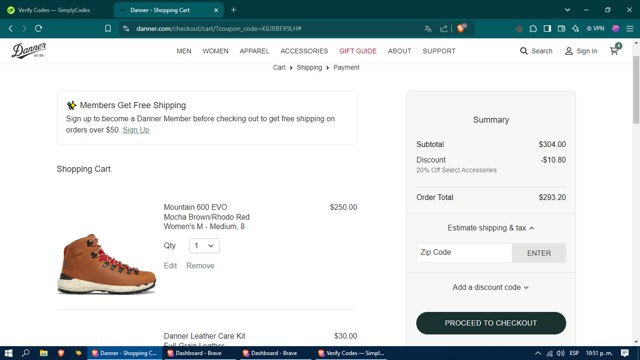 Danner checkout page showing Danner discount code box | Screenshot taken by SimplyCodes community member on Nov 13, 2024