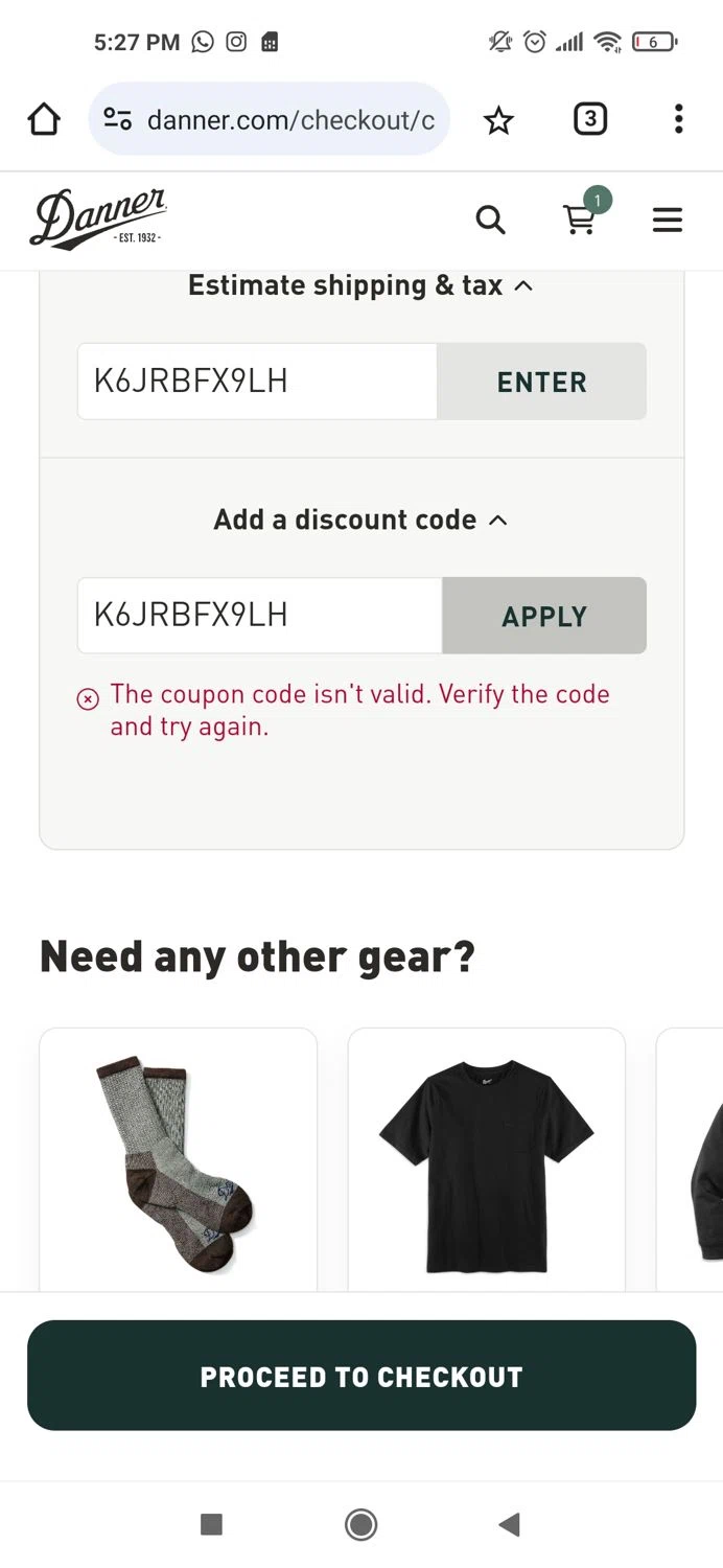 Danner discount code screenshot showing code K6JRBFX9LH applied at Danner checkout page. Uploaded by SimplyCodes community member Piolin on Jan 14, 2025