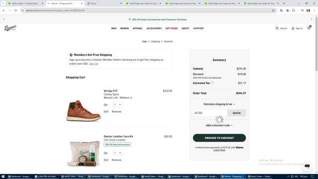 Danner checkout page showing Danner discount code box | Screenshot taken by SimplyCodes community member on Nov 9, 2024