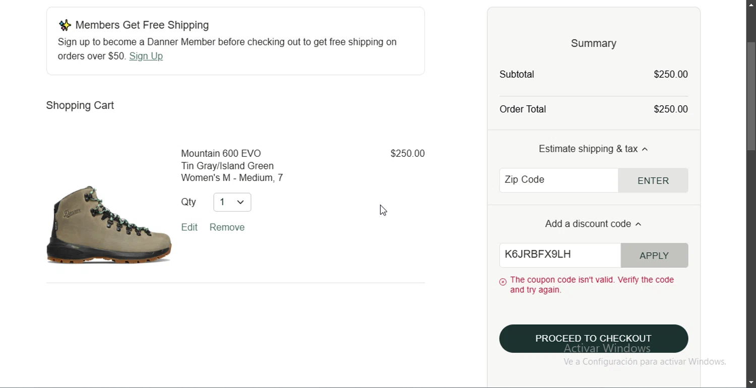 Danner discount code screenshot showing code K6JRBFX9LH applied at Danner checkout page. Uploaded by SimplyCodes community member MoneyEagle4780 on Mar 13, 2025