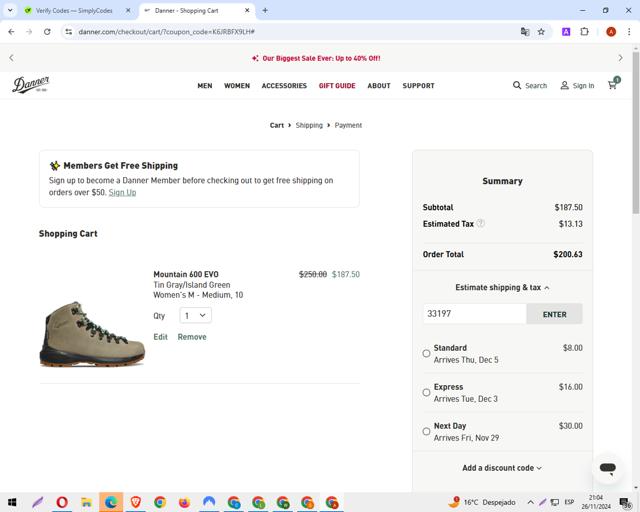 Danner checkout page showing Danner discount code box | Screenshot taken by SimplyCodes community member on Nov 27, 2024