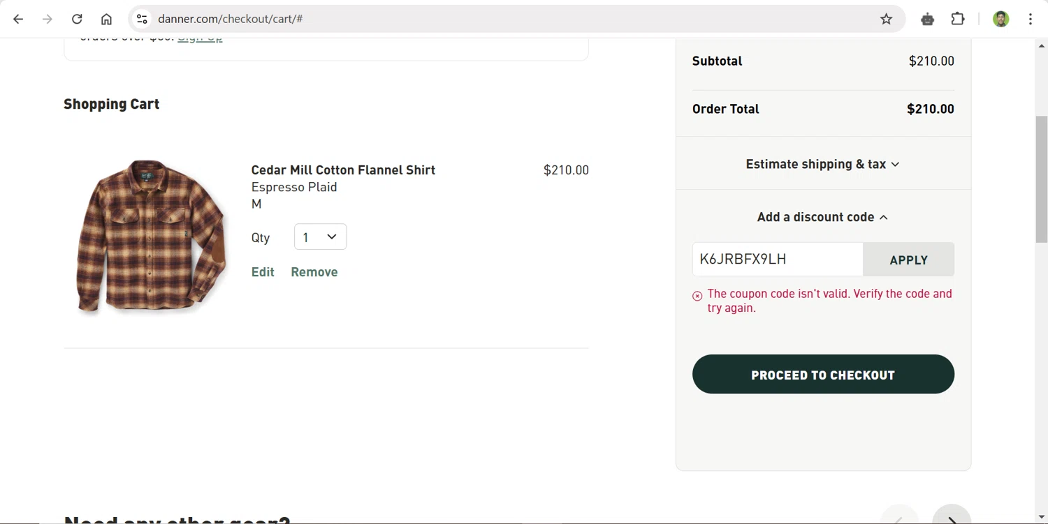 Danner discount code screenshot showing code K6JRBFX9LH applied at Danner checkout page. Uploaded by SimplyCodes community member CleverPilot4885 on Mar 3, 2025