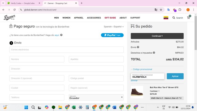 Danner checkout page showing Danner discount code box | Screenshot taken by SimplyCodes community member on Nov 13, 2024