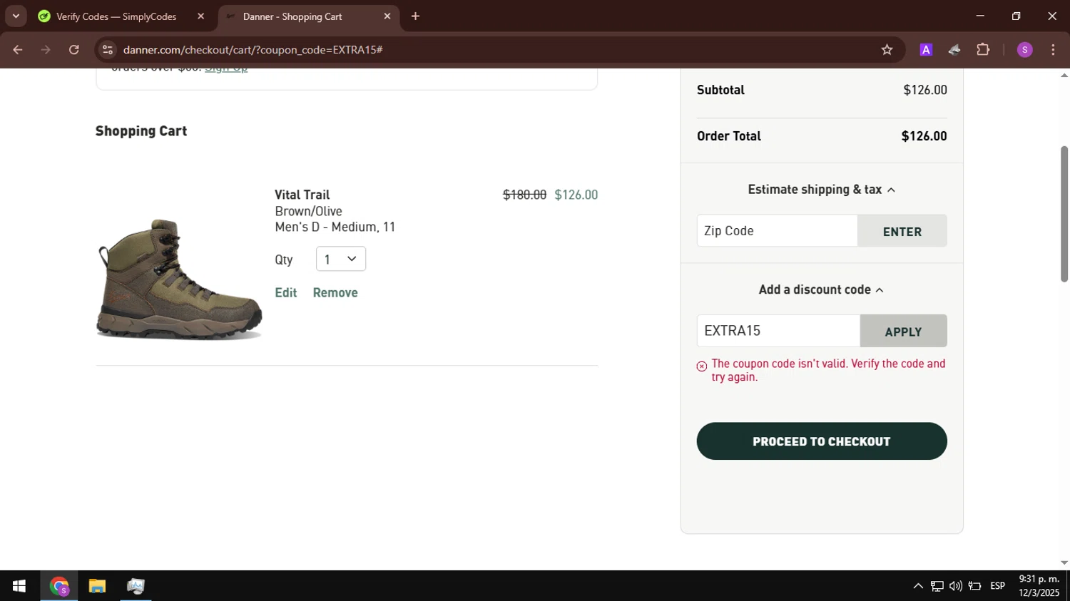 Danner discount code screenshot showing code EXTRA15 applied at Danner checkout page. Uploaded by SimplyCodes community member AbusaGordas on Mar 13, 2025