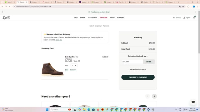 Danner checkout page showing Danner discount code box | Screenshot taken by SimplyCodes community member on Dec 12, 2024