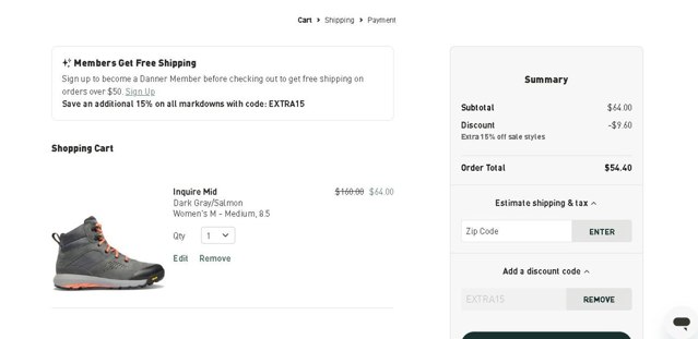 Danner checkout page showing Danner discount code box | Screenshot taken by SimplyCodes community member on Oct 8, 2024
