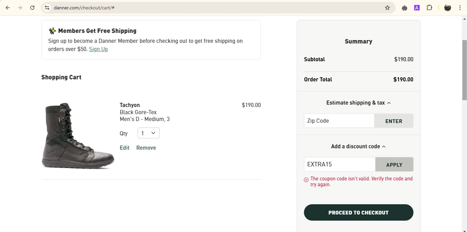 Danner discount code screenshot showing code EXTRA15 applied at Danner checkout page. Uploaded by SimplyCodes community member onebullet on Mar 4, 2025