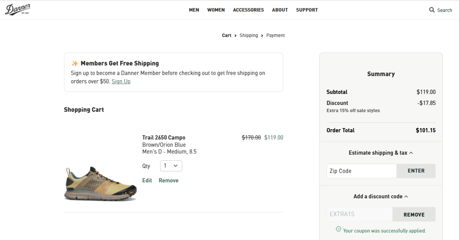 Danner discount code screenshot showing code EXTRA15 applied at Danner checkout page. Uploaded by SimplyCodes community member alfonsobriceo on Aug 28, 2025